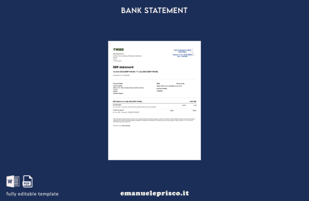 modello word di estratto conto UK Wise Payments in stile verificato